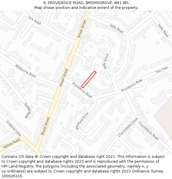 9, PROVIDENCE ROAD, BROMSGROVE, B61 8EL: Location map and indicative extent of plot