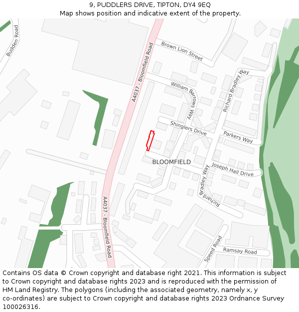 9, PUDDLERS DRIVE, TIPTON, DY4 9EQ: Location map and indicative extent of plot