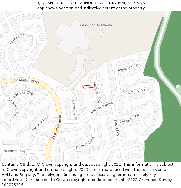 9, QUANTOCK CLOSE, ARNOLD, NOTTINGHAM, NG5 9QA: Location map and indicative extent of plot