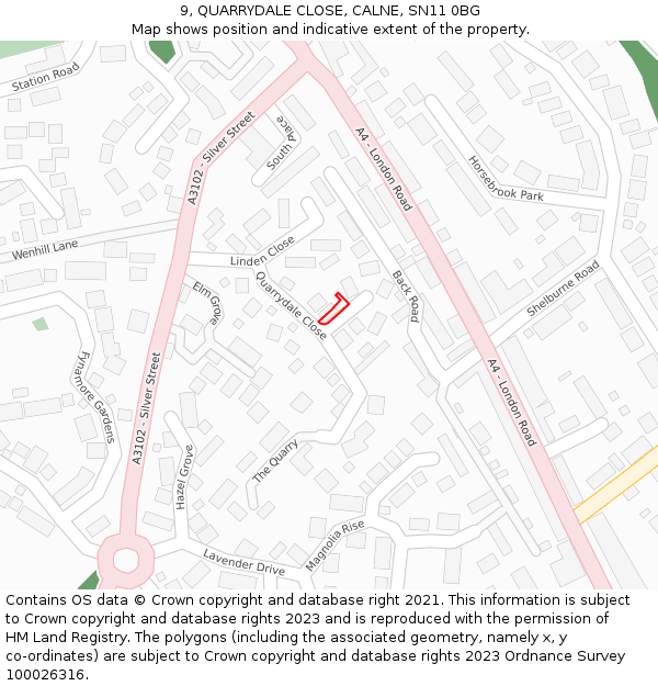 9, QUARRYDALE CLOSE, CALNE, SN11 0BG: Location map and indicative extent of plot