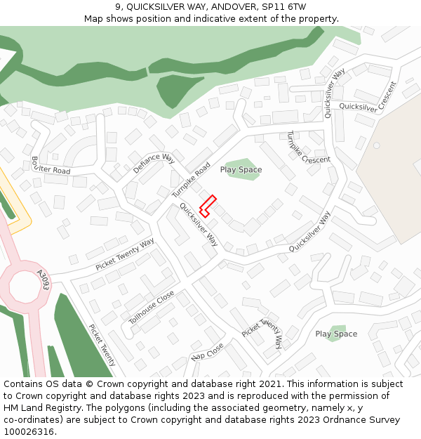 9, QUICKSILVER WAY, ANDOVER, SP11 6TW: Location map and indicative extent of plot