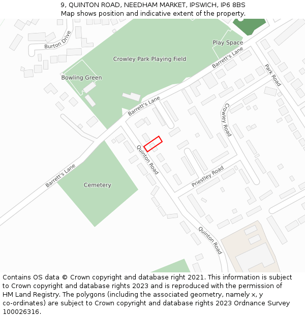 9, QUINTON ROAD, NEEDHAM MARKET, IPSWICH, IP6 8BS: Location map and indicative extent of plot