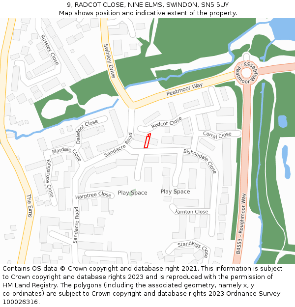 9, RADCOT CLOSE, NINE ELMS, SWINDON, SN5 5UY: Location map and indicative extent of plot