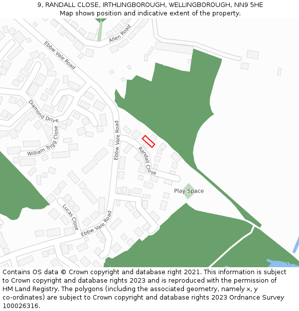 9, RANDALL CLOSE, IRTHLINGBOROUGH, WELLINGBOROUGH, NN9 5HE: Location map and indicative extent of plot