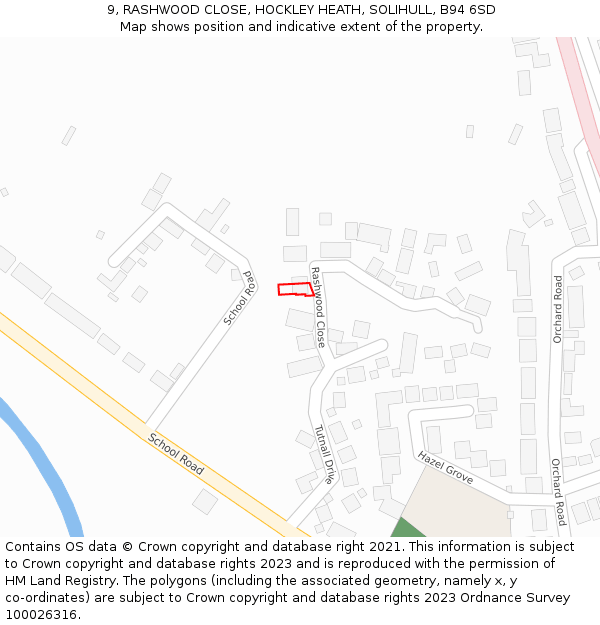 9, RASHWOOD CLOSE, HOCKLEY HEATH, SOLIHULL, B94 6SD: Location map and indicative extent of plot