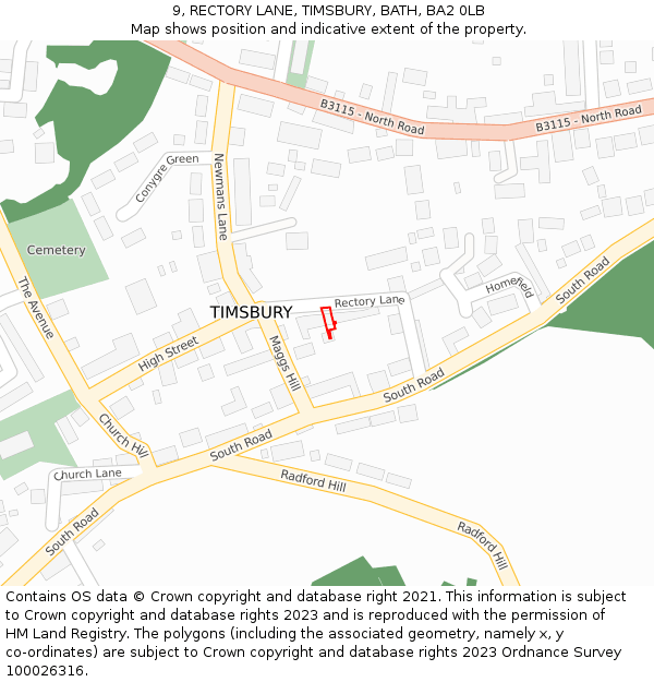 9, RECTORY LANE, TIMSBURY, BATH, BA2 0LB: Location map and indicative extent of plot