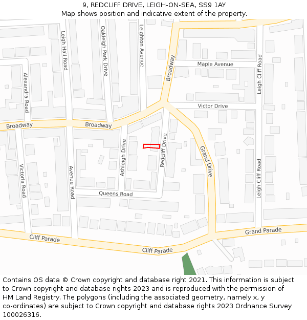 9, REDCLIFF DRIVE, LEIGH-ON-SEA, SS9 1AY: Location map and indicative extent of plot