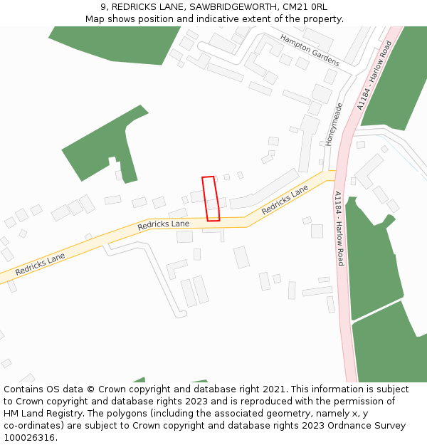 9, REDRICKS LANE, SAWBRIDGEWORTH, CM21 0RL: Location map and indicative extent of plot