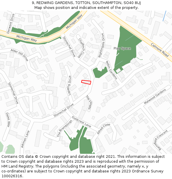 9, REDWING GARDENS, TOTTON, SOUTHAMPTON, SO40 8UJ: Location map and indicative extent of plot