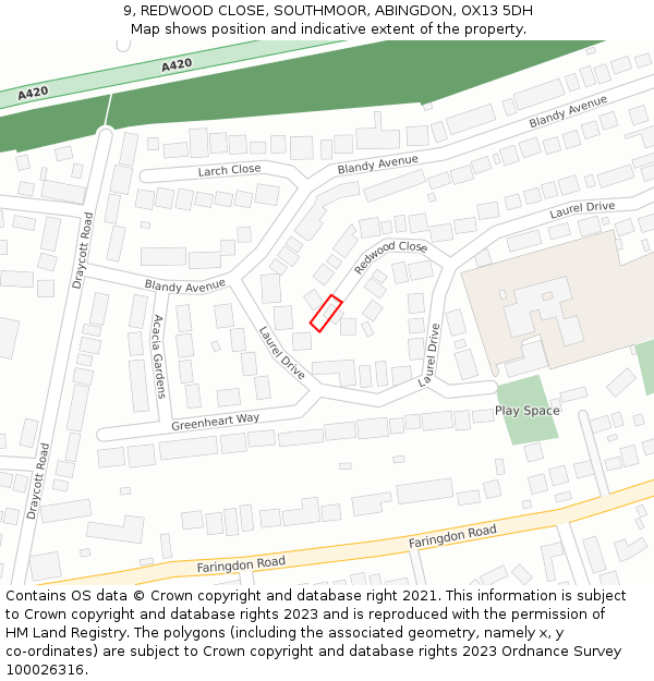 9, REDWOOD CLOSE, SOUTHMOOR, ABINGDON, OX13 5DH: Location map and indicative extent of plot