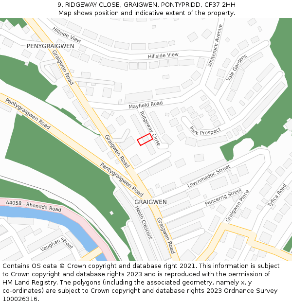 9, RIDGEWAY CLOSE, GRAIGWEN, PONTYPRIDD, CF37 2HH: Location map and indicative extent of plot