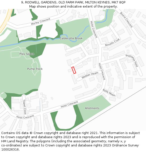 9, RODWELL GARDENS, OLD FARM PARK, MILTON KEYNES, MK7 8QP: Location map and indicative extent of plot