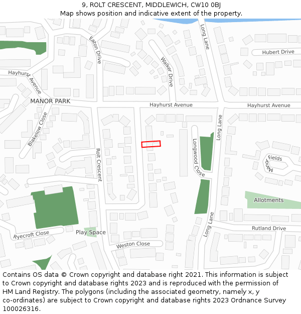 9, ROLT CRESCENT, MIDDLEWICH, CW10 0BJ: Location map and indicative extent of plot