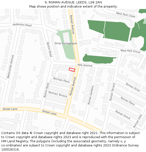 9, ROMAN AVENUE, LEEDS, LS8 2AN: Location map and indicative extent of plot