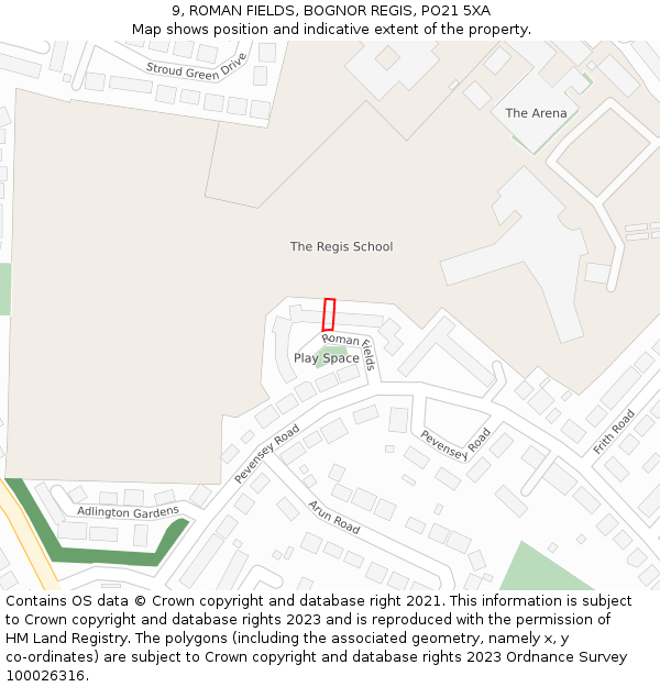 9, ROMAN FIELDS, BOGNOR REGIS, PO21 5XA: Location map and indicative extent of plot