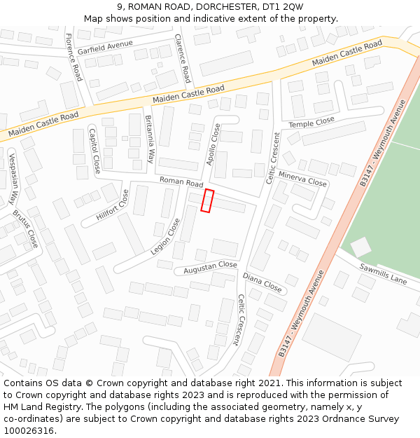 9, ROMAN ROAD, DORCHESTER, DT1 2QW: Location map and indicative extent of plot