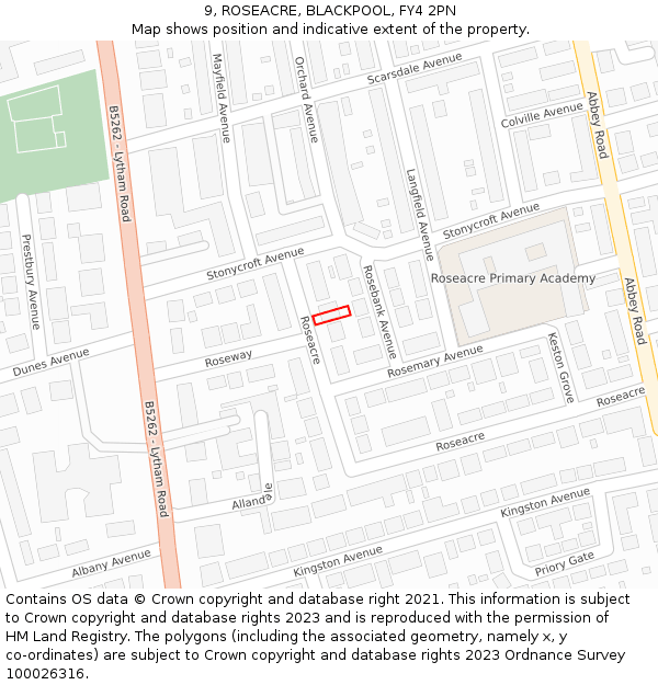 9, ROSEACRE, BLACKPOOL, FY4 2PN: Location map and indicative extent of plot