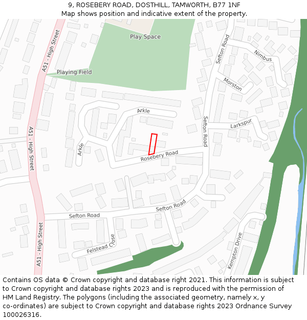 9, ROSEBERY ROAD, DOSTHILL, TAMWORTH, B77 1NF: Location map and indicative extent of plot