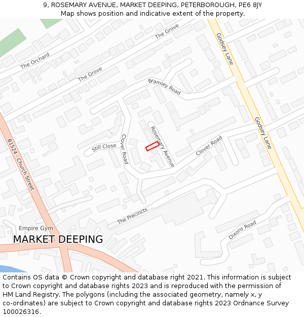 9, ROSEMARY AVENUE, MARKET DEEPING, PETERBOROUGH, PE6 8JY: Location map and indicative extent of plot