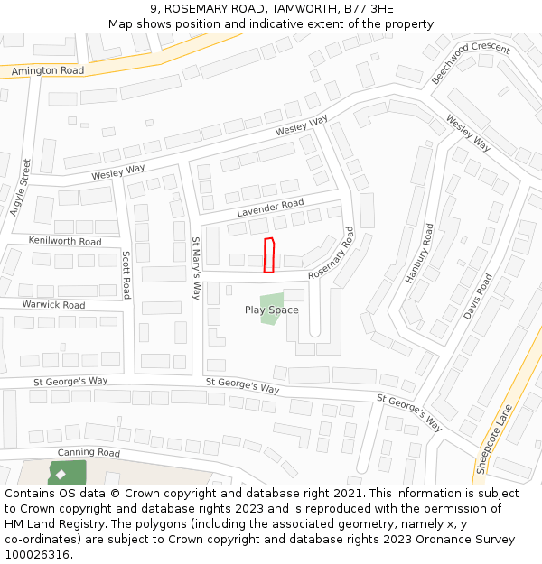 9, ROSEMARY ROAD, TAMWORTH, B77 3HE: Location map and indicative extent of plot