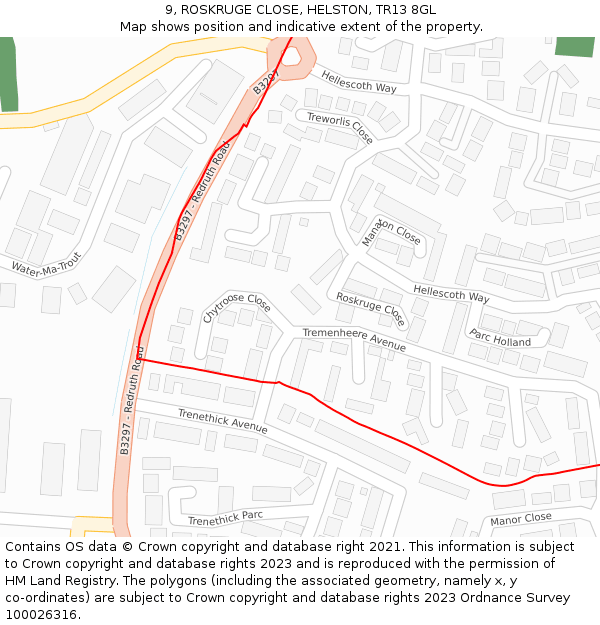 9, ROSKRUGE CLOSE, HELSTON, TR13 8GL: Location map and indicative extent of plot