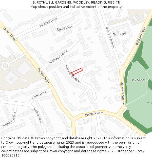 9, ROTHWELL GARDENS, WOODLEY, READING, RG5 4TJ: Location map and indicative extent of plot