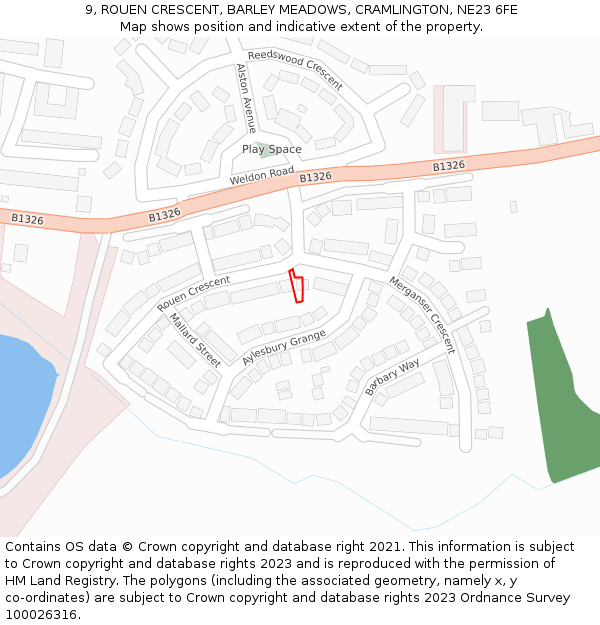 9, ROUEN CRESCENT, BARLEY MEADOWS, CRAMLINGTON, NE23 6FE: Location map and indicative extent of plot