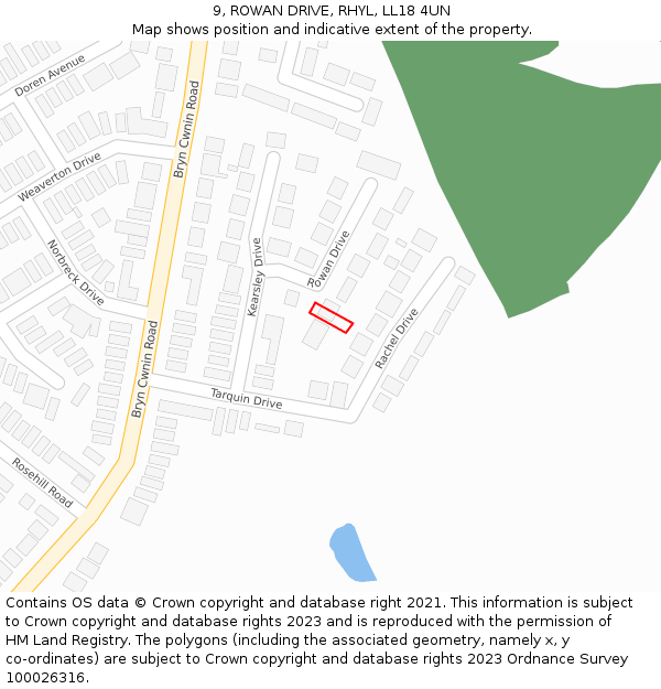 9, ROWAN DRIVE, RHYL, LL18 4UN: Location map and indicative extent of plot