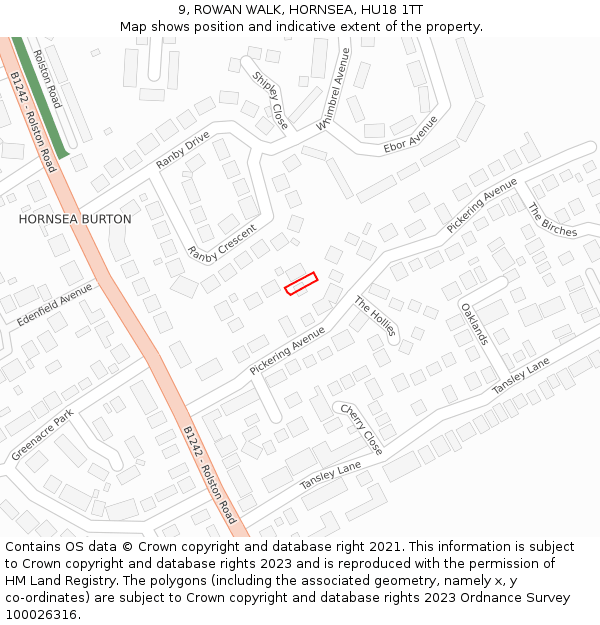 9, ROWAN WALK, HORNSEA, HU18 1TT: Location map and indicative extent of plot