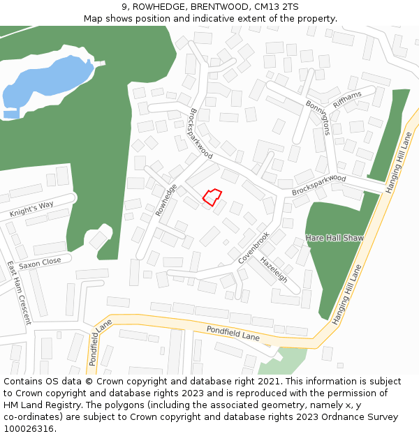 9, ROWHEDGE, BRENTWOOD, CM13 2TS: Location map and indicative extent of plot