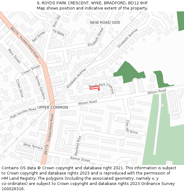 9, ROYDS PARK CRESCENT, WYKE, BRADFORD, BD12 9HF: Location map and indicative extent of plot