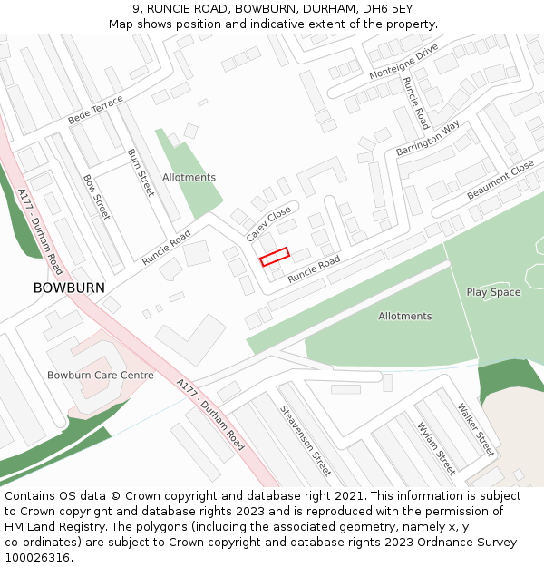 9, RUNCIE ROAD, BOWBURN, DURHAM, DH6 5EY: Location map and indicative extent of plot