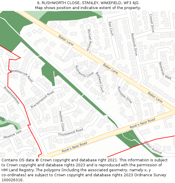 9, RUSHWORTH CLOSE, STANLEY, WAKEFIELD, WF3 4JG: Location map and indicative extent of plot