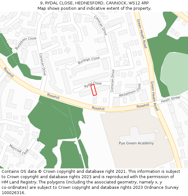 9, RYDAL CLOSE, HEDNESFORD, CANNOCK, WS12 4RP: Location map and indicative extent of plot