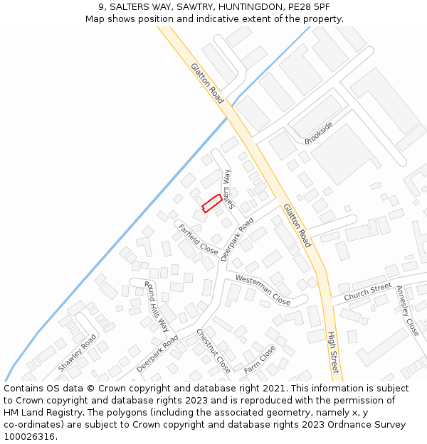 9, SALTERS WAY, SAWTRY, HUNTINGDON, PE28 5PF: Location map and indicative extent of plot