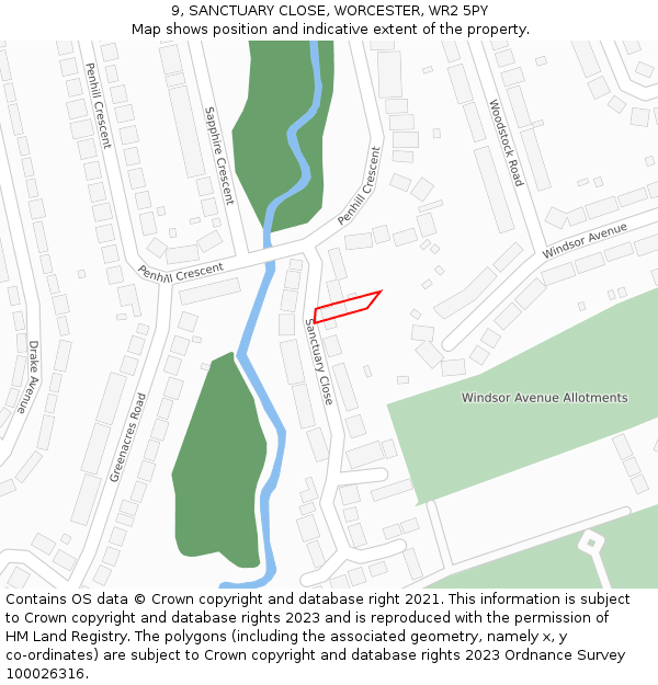 9, SANCTUARY CLOSE, WORCESTER, WR2 5PY: Location map and indicative extent of plot