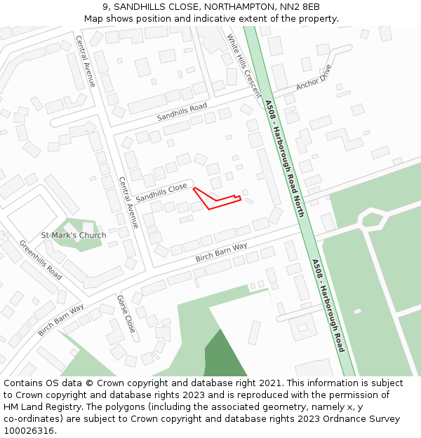 9, SANDHILLS CLOSE, NORTHAMPTON, NN2 8EB: Location map and indicative extent of plot