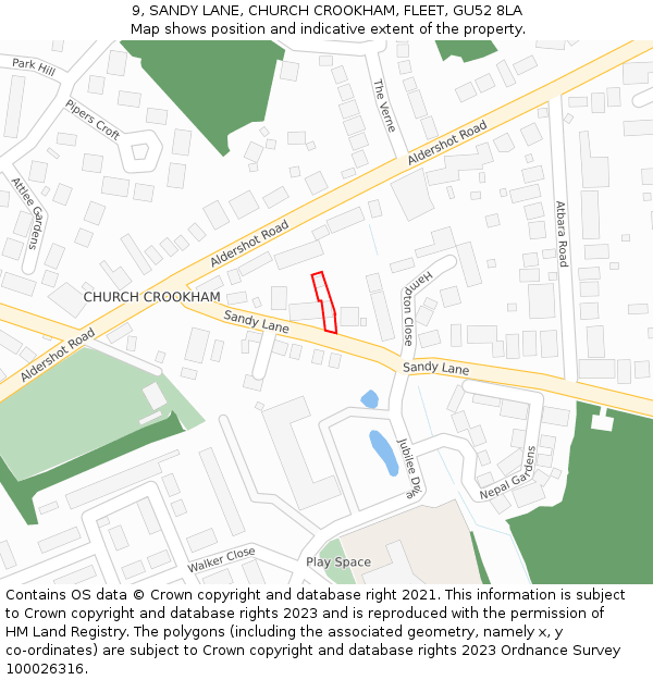 9, SANDY LANE, CHURCH CROOKHAM, FLEET, GU52 8LA: Location map and indicative extent of plot