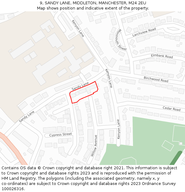 9, SANDY LANE, MIDDLETON, MANCHESTER, M24 2EU: Location map and indicative extent of plot