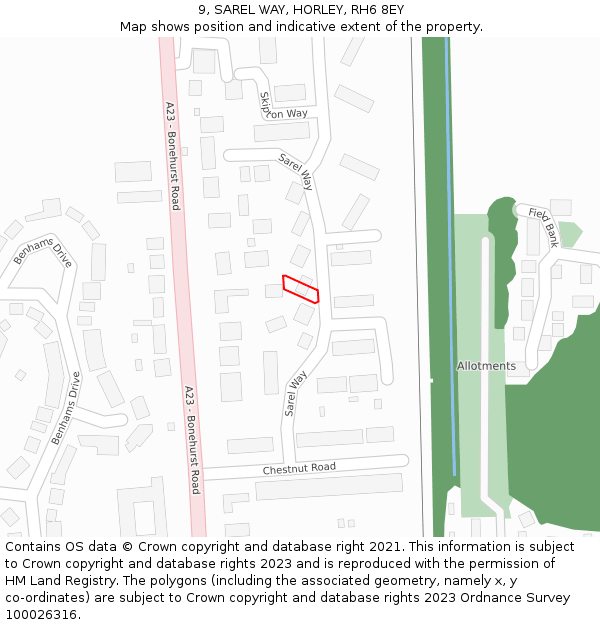 9, SAREL WAY, HORLEY, RH6 8EY: Location map and indicative extent of plot