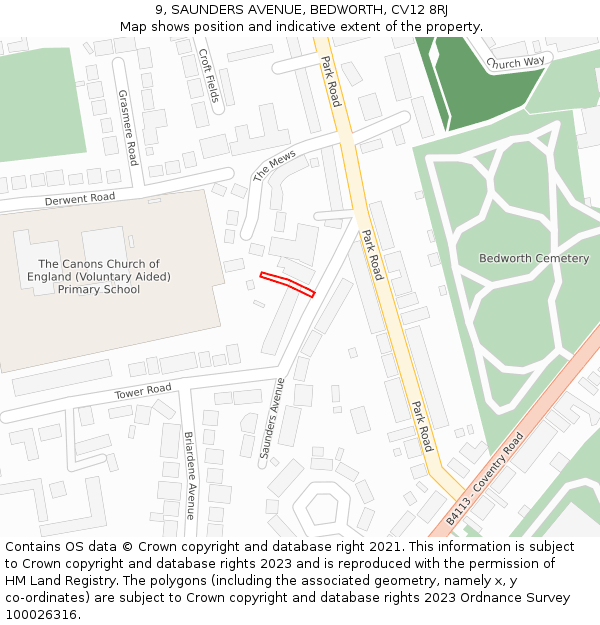 9, SAUNDERS AVENUE, BEDWORTH, CV12 8RJ: Location map and indicative extent of plot