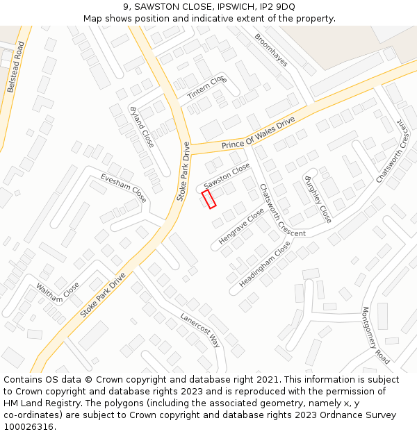 9, SAWSTON CLOSE, IPSWICH, IP2 9DQ: Location map and indicative extent of plot