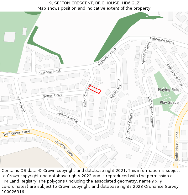 9, SEFTON CRESCENT, BRIGHOUSE, HD6 2LZ: Location map and indicative extent of plot