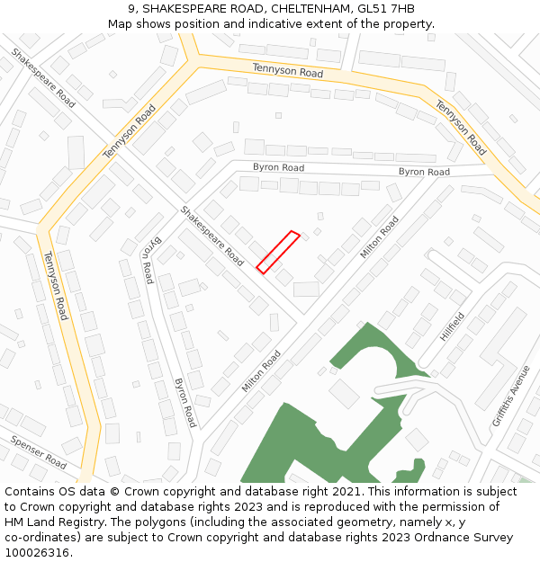 9, SHAKESPEARE ROAD, CHELTENHAM, GL51 7HB: Location map and indicative extent of plot