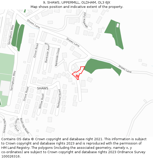 9, SHAWS, UPPERMILL, OLDHAM, OL3 6JX: Location map and indicative extent of plot