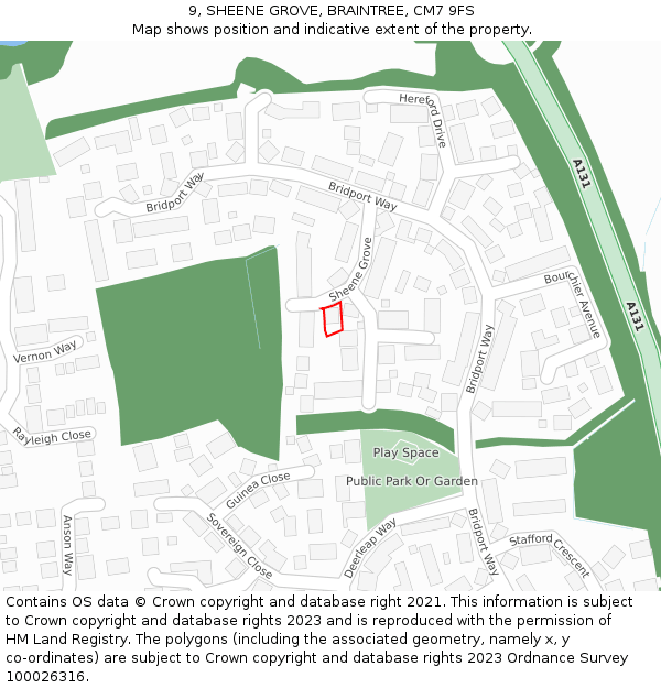 9, SHEENE GROVE, BRAINTREE, CM7 9FS: Location map and indicative extent of plot