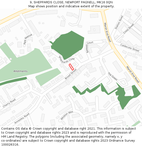 9, SHEPPARDS CLOSE, NEWPORT PAGNELL, MK16 0QN: Location map and indicative extent of plot