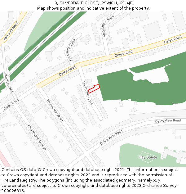 9, SILVERDALE CLOSE, IPSWICH, IP1 4JF: Location map and indicative extent of plot