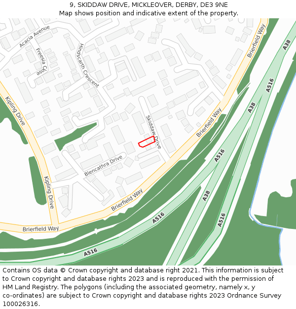 9, SKIDDAW DRIVE, MICKLEOVER, DERBY, DE3 9NE: Location map and indicative extent of plot