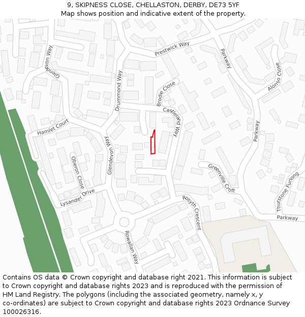 9, SKIPNESS CLOSE, CHELLASTON, DERBY, DE73 5YF: Location map and indicative extent of plot